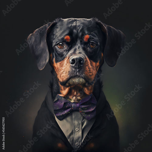 Portrait of a dog dressed in a formal business suit, with bow ties, generative ai photo