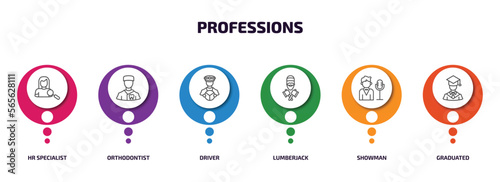 professions infographic element with outline icons and 6 step or option. professions icons such as hr specialist, orthodontist, driver, lumberjack, showman, graduated vector.