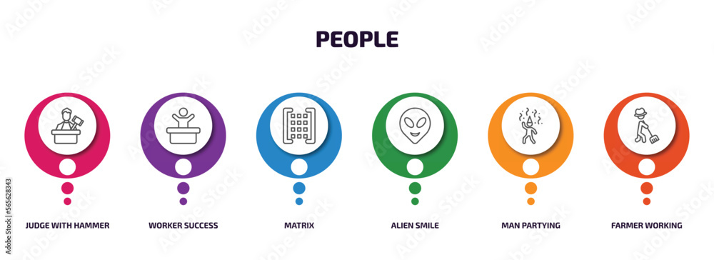people infographic element with outline icons and 6 step or option. people icons such as judge with hammer, worker success, matrix, alien smile, man partying, farmer working vector. people infographic element with outline icons and 6 step or option. people icons such as judge with hammer, worker success, matrix, alien smile, man partying, farmer working vector.