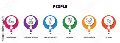 people infographic element with outline icons and 6 step or option. people icons such as feeding a dog, policeman working, man with an idea, elegance, surprised smile, sit down vector.