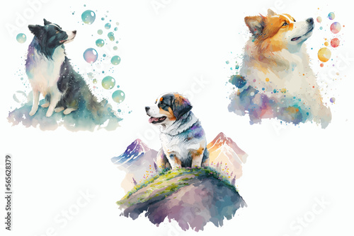 Safari Animal set Bernese Mountain Dog, Border Collie, Collie dog in watercolor style. Isolated vector illustration
