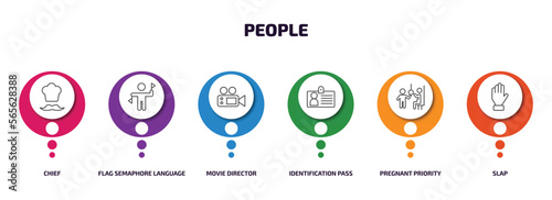 people infographic element with outline icons and 6 step or option. people icons such as chief, flag semaphore language, movie director, identification pass, pregnant priority, slap vector.