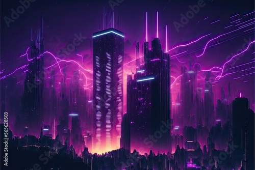 Sci-fi City skyline with purple and yellow color neon  Ai generated 
