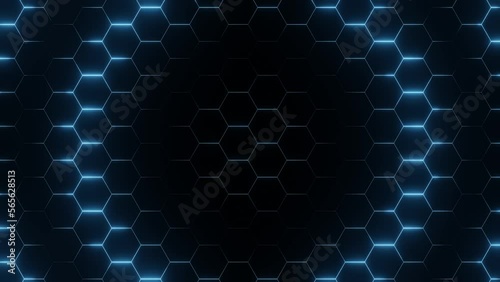 Abstract Futuristic Hexagons, 4K Surface Motion Background Loop, Sci-fi technology, Blue Neon Light