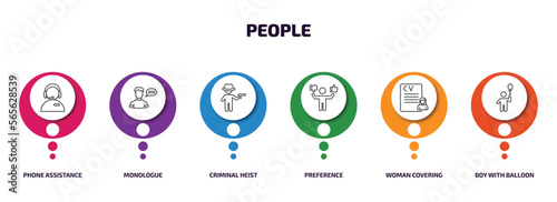 people infographic element with outline icons and 6 step or option. people icons such as phone assistance, monologue, criminal heist, preference, woman covering, boy with balloon vector.