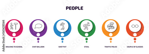 people infographic element with outline icons and 6 step or option. people icons such as walking to school, chat balloon, shot put, steal, traffic police, couple of glasses vector.