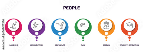 people infographic element with outline icons and 6 step or option. people icons such as man skiing, fencing attack, downstairs, ruku, bedouin, students graduation hat vector.