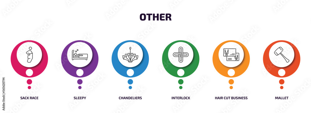 other infographic element with outline icons and 6 step or option. other icons such as sack race, sleepy, chandeliers, interlock, hair cut business card, mallet vector. other infographic element with outline icons and 6 step or option. other icons such as sack race, sleepy, chandeliers, interlock, hair cut business card, mallet vector.