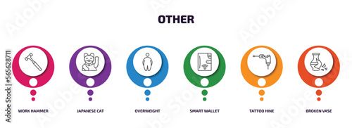 other infographic element with outline icons and 6 step or option. other icons such as work hammer, japanese cat, overweight, smart wallet, tattoo hine, broken vase vector.