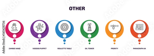 other infographic element with outline icons and 6 step or option. other icons such as zambie hand, voodoo puppet, roulette table, oil tower, prority, paragraph aa vector.