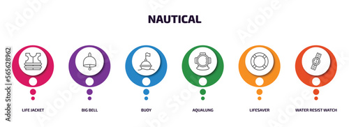 nautical infographic element with outline icons and 6 step or option. nautical icons such as life jacket, big bell, buoy, aqualung, lifesaver, water resist watch vector.