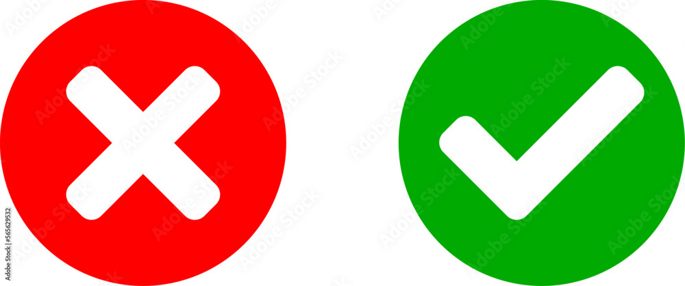 Set of Yes and No or Right and Wrong or Approved and Rejected Icons with Check Mark and Cross Symbols in Green and Red Circles. Vector Image. Set of Yes and No or Right and Wrong or Approved and Rejected Icons with Check Mark and Cross Symbols in Green and Red Circles. Vector Image.