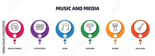 music and media infographic element with outline icons and 6 step or option. music and media icons such as photo camera, synthesizer, beam, diapason, djembe, balalaika vector.