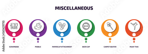 miscellaneous infographic element with outline icons and 6 step or option. miscellaneous icons such as scrapbook, pebble, paperclip attachment, beer cap, carpet beater, muay thai vector.