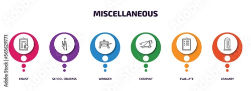 miscellaneous infographic element with outline icons and 6 step or option. miscellaneous icons such as enlist, school compass, wringer, catapult, evaluate, granary vector.