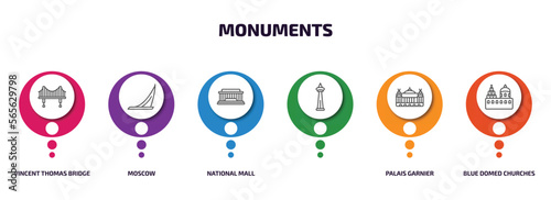 monuments infographic element with outline icons and 6 step or option. monuments icons such as vincent thomas bridge, moscow, national mall, , palais garnier, blue domed churches vector.