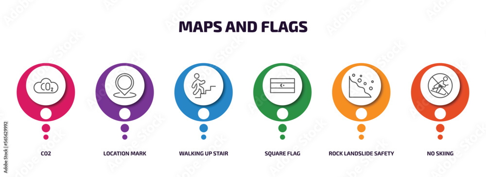 maps and flags infographic element with outline icons and 6 step or option. maps and flags icons such as co2, location mark, walking up stair, square flag, rock landslide safety, no skiing vector. maps and flags infographic element with outline icons and 6 step or option. maps and flags icons such as co2, location mark, walking up stair, square flag, rock landslide safety, no skiing vector.