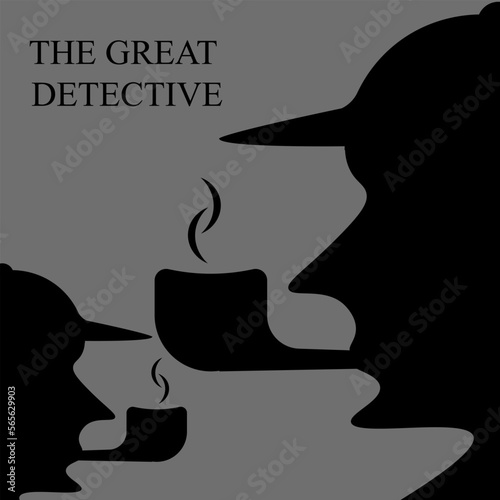 The silhouette of the face of a man in a cap, with a smoking pipe in his mouth and the inscription great detective.