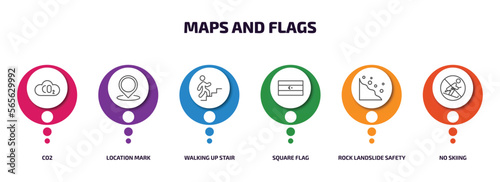maps and flags infographic element with outline icons and 6 step or option. maps and flags icons such as co2, location mark, walking up stair, square flag, rock landslide safety, no skiing vector. photo