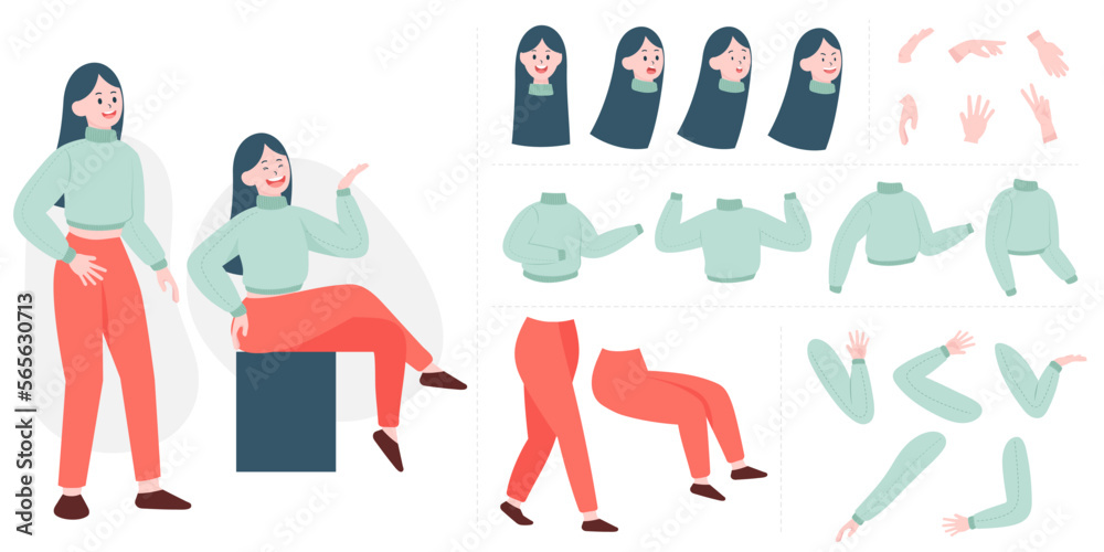 Pretty young woman constructor in flat style. Parts of body legs and arms , face emotions. Vector cartoon girl character