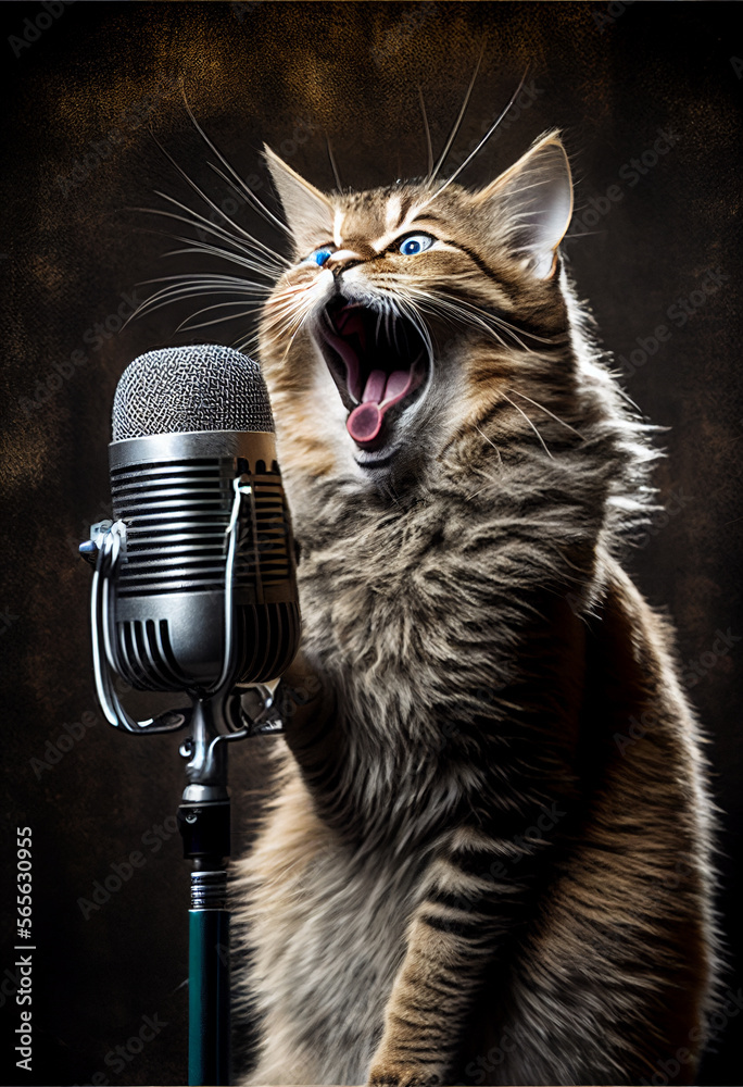 The cat screams loudly into the microphone. AI generated ilustração do