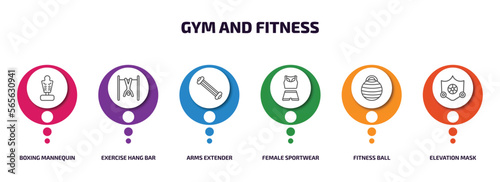 gym and fitness infographic element with outline icons and 6 step or option. gym and fitness icons such as boxing mannequin, exercise hang bar, arms extender, female sportwear, fitness ball,