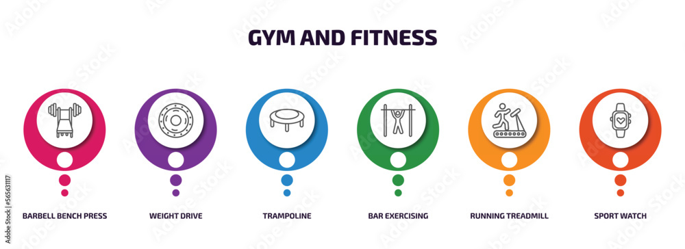 gym and fitness infographic element with outline icons and 6 step or option. gym and fitness icons such as barbell bench press, weight drive, trampoline, bar exercising, running treadmill, sport gym and fitness infographic element with outline icons and 6 step or option. gym and fitness icons such as barbell bench press, weight drive, trampoline, bar exercising, running treadmill, sport
