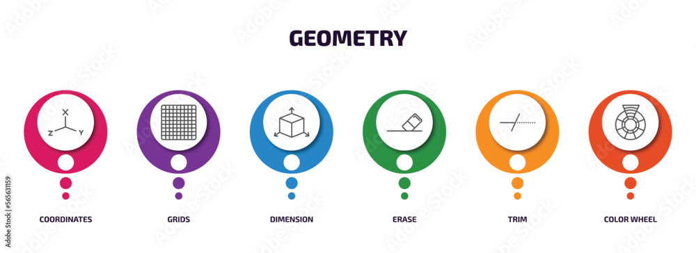geometry infographic element with outline icons and 6 step or option. geometry icons such as coordinates, grids, dimension, erase, trim, color wheel vector. geometry infographic element with outline icons and 6 step or option. geometry icons such as coordinates, grids, dimension, erase, trim, color wheel vector.