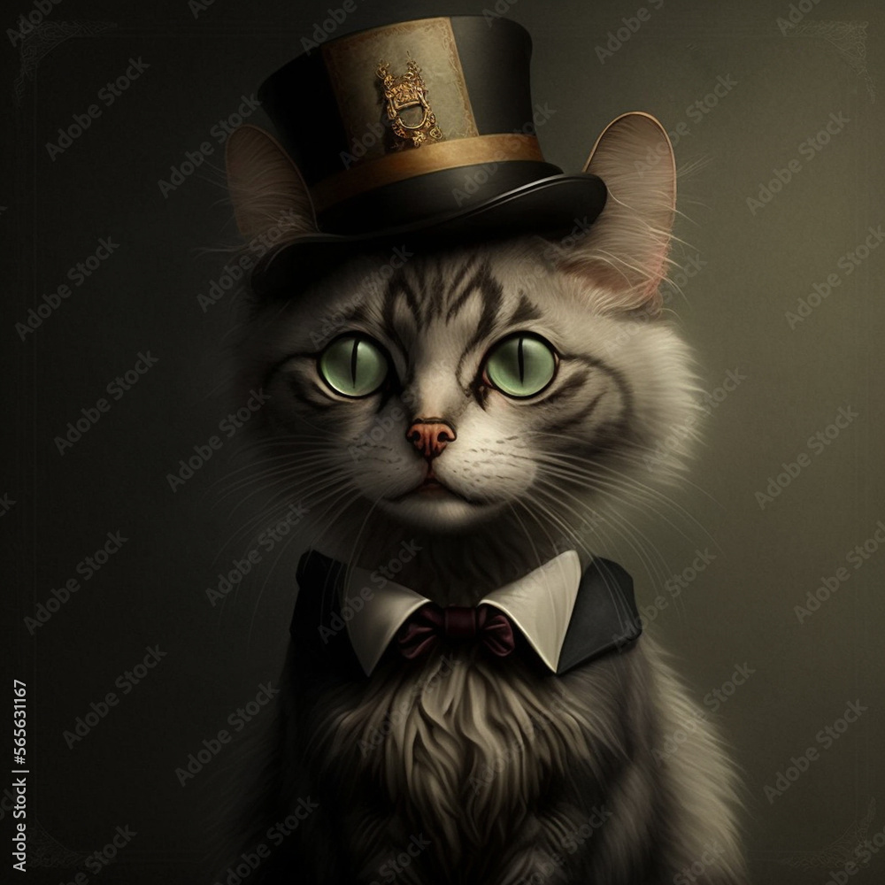 Gorgeous elegant fluffy cat in a Victorian era hat and frock coat