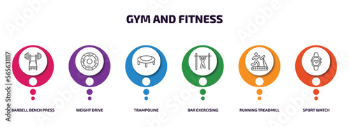 gym and fitness infographic element with outline icons and 6 step or option. gym and fitness icons such as barbell bench press, weight drive, trampoline, bar exercising, running treadmill, sport