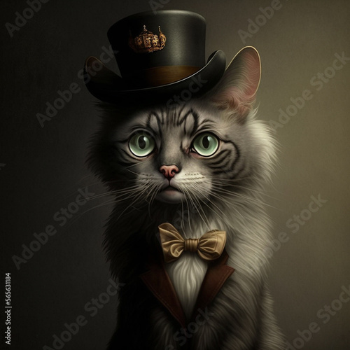 Gorgeous elegant fluffy cat in a Victorian era hat and frock coat