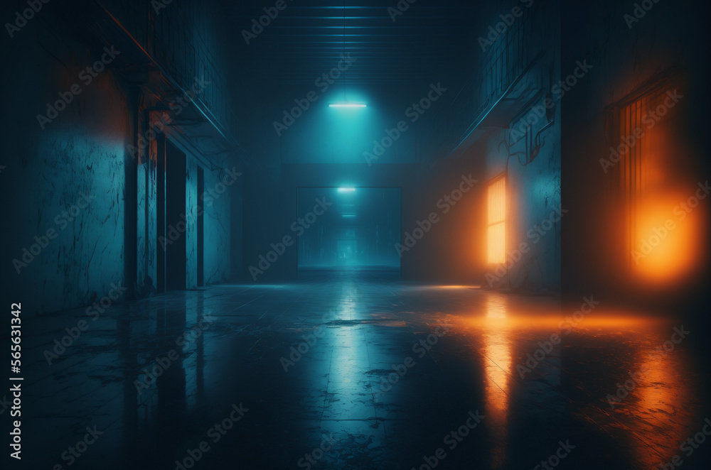 Beatufiul environment of an abandoned  indoor open space with blue neon light and a orange light comming from the window, foggy lightihg