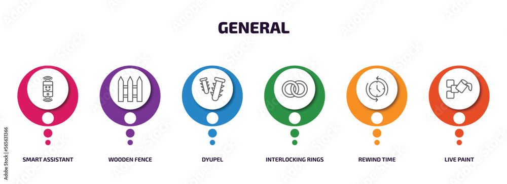 general infographic element with outline icons and 6 step or option. general icons such as smart assistant, wooden fence, dyupel, interlocking rings, rewind time, live paint vector. general infographic element with outline icons and 6 step or option. general icons such as smart assistant, wooden fence, dyupel, interlocking rings, rewind time, live paint vector.