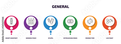 general infographic element with outline icons and 6 step or option. general icons such as smart assistant, wooden fence, dyupel, interlocking rings, rewind time, live paint vector.