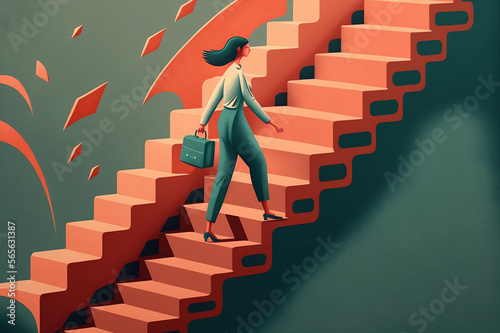 Woman holding a purse briefcase climbiing the stairs of success photo