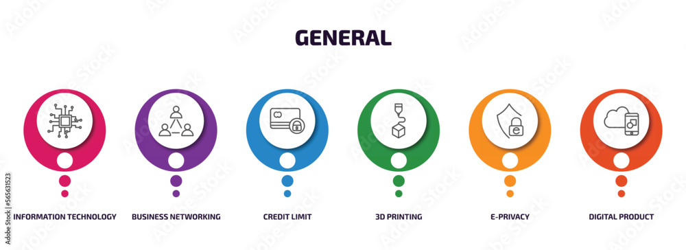 general infographic element with outline icons and 6 step or option. general icons such as information technology, business networking, credit limit, 3d printing, e-privacy, digital product vector. general infographic element with outline icons and 6 step or option. general icons such as information technology, business networking, credit limit, 3d printing, e-privacy, digital product vector.