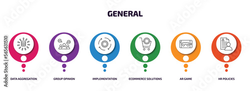 general infographic element with outline icons and 6 step or option. general icons such as data aggregation, group opinion, implementation, ecommerce solutions, ar game, hr policies vector.