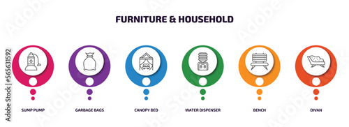 furniture & household infographic element with outline icons and 6 step or option. furniture & household icons such as sump pump, garbage bags, canopy bed, water dispenser, bench, divan vector.
