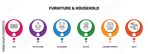 furniture & household infographic element with outline icons and 6 step or option. furniture & household icons such as rug, office chair, glassware, cactus, laundry hamper, shelf vector.