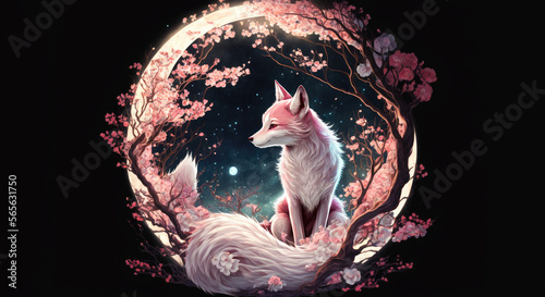 Kitsune White and Pink Cherry Blossom  - Generative AI