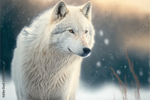 Amazing portrait of an arctic Wolf in the Snow on a black and snowed natural background. Generative AI