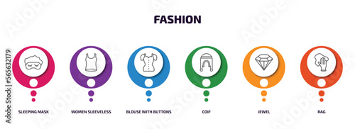 fashion infographic element with outline icons and 6 step or option. fashion icons such as sleeping mask, women sleeveless shirt, blouse with buttons, coif, jewel, rag vector.