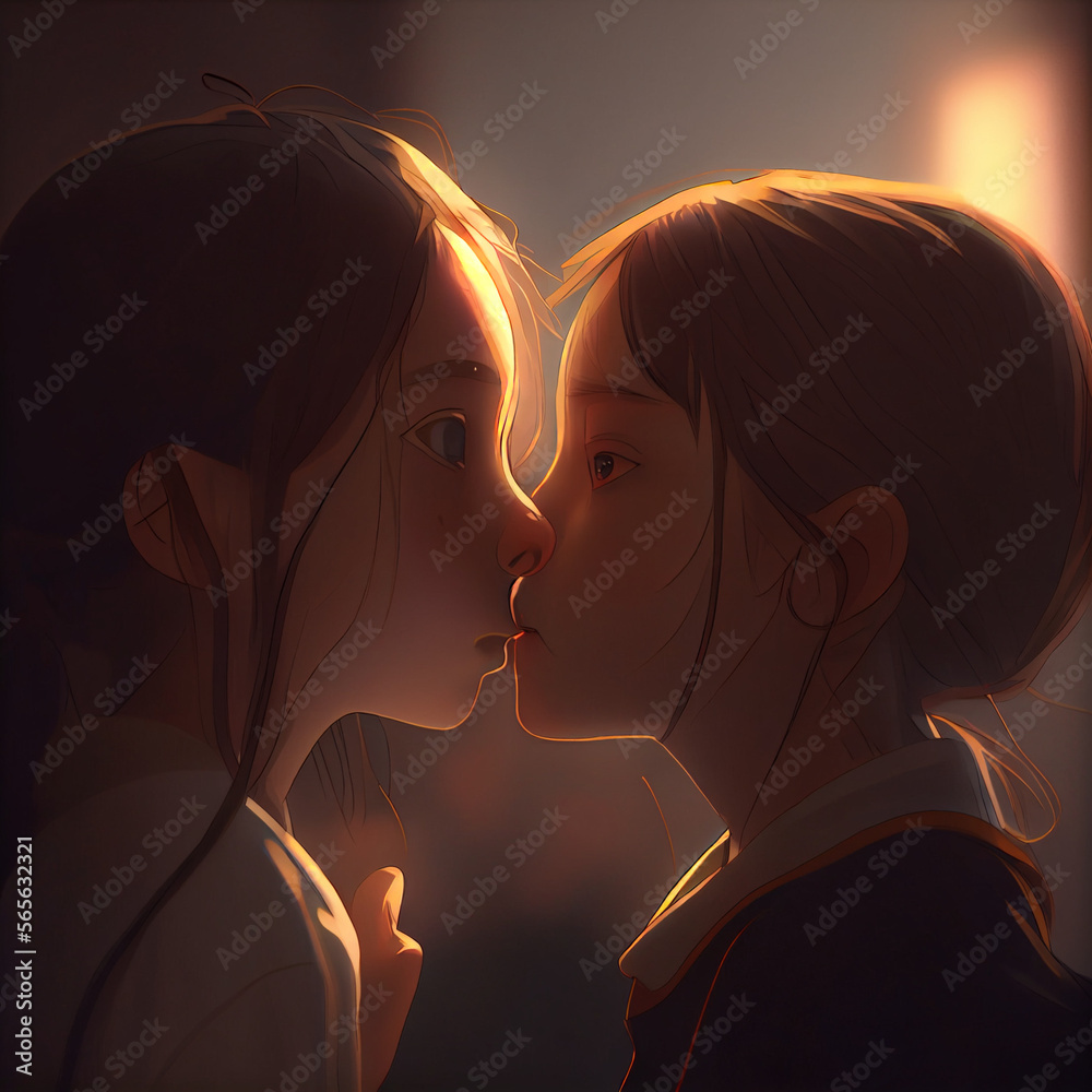 Kiss of two girls in love anime style. Generative AI Content. Stock  Illustration