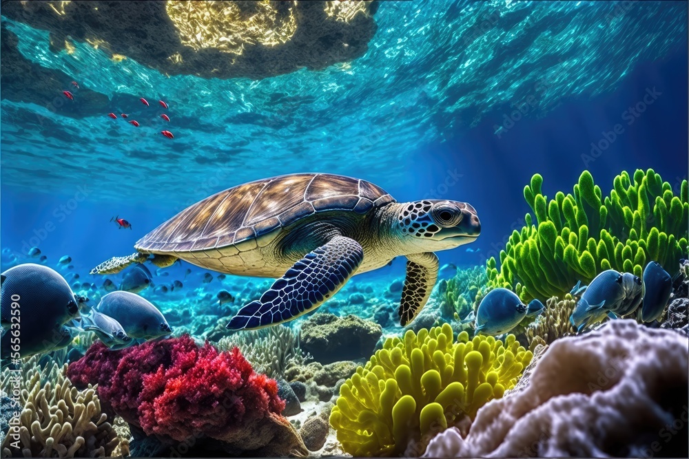 Sea turtle in crystal clear water. Amazing crystalline seabed. Reef full of life. Generative AI - obrazy, fototapety, plakaty 