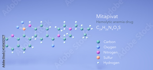 mitapivat molecule, molecular structures, c24h26n4o3s Hemolytic anemia drug 3d model, Structural Chemical Formula and Atoms with Color Coding photo