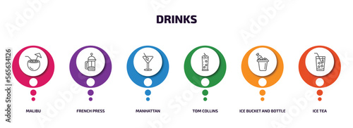 drinks infographic element with outline icons and 6 step or option. drinks icons such as malibu, french press, manhattan, tom collins, ice bucket and bottle, ice tea vector.