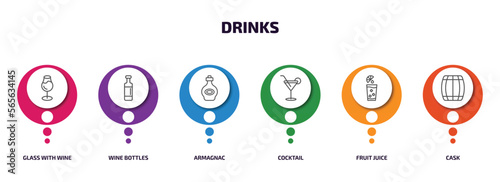 drinks infographic element with outline icons and 6 step or option. drinks icons such as glass with wine, wine bottles, armagnac, cocktail, fruit juice, cask vector.