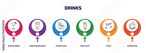 drinks infographic element with outline icons and 6 step or option. drinks icons such as sidecar drink, mind eraser drink, tomato juice, mint julep, toast, cappuccino vector.