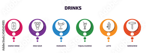 drinks infographic element with outline icons and 6 step or option. drinks icons such as energy drink, irish sour, margarita, tequila sunrise, latte, sorkscrew vector.