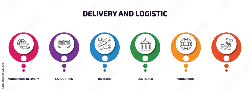 delivery and logistic infographic element with outline icons and 6 step or option. delivery and logistic icons such as worldwide delivery, cargo train, bar code, container, worldwide, vector. delivery and logistic infographic element with outline icons and 6 step or option. delivery and logistic icons such as worldwide delivery, cargo train, bar code, container, worldwide, vector.